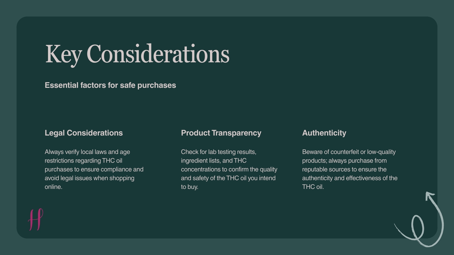 Key Considerations” listing Legal, Product Transparency, and Authenticity in three columns on dark green.